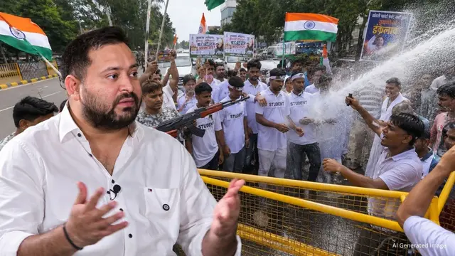 तेजस्वी के मार्च में डमी AK-47 लेके पहुंचे लोग, वाटर कैनन के आगे करने लगे डांस