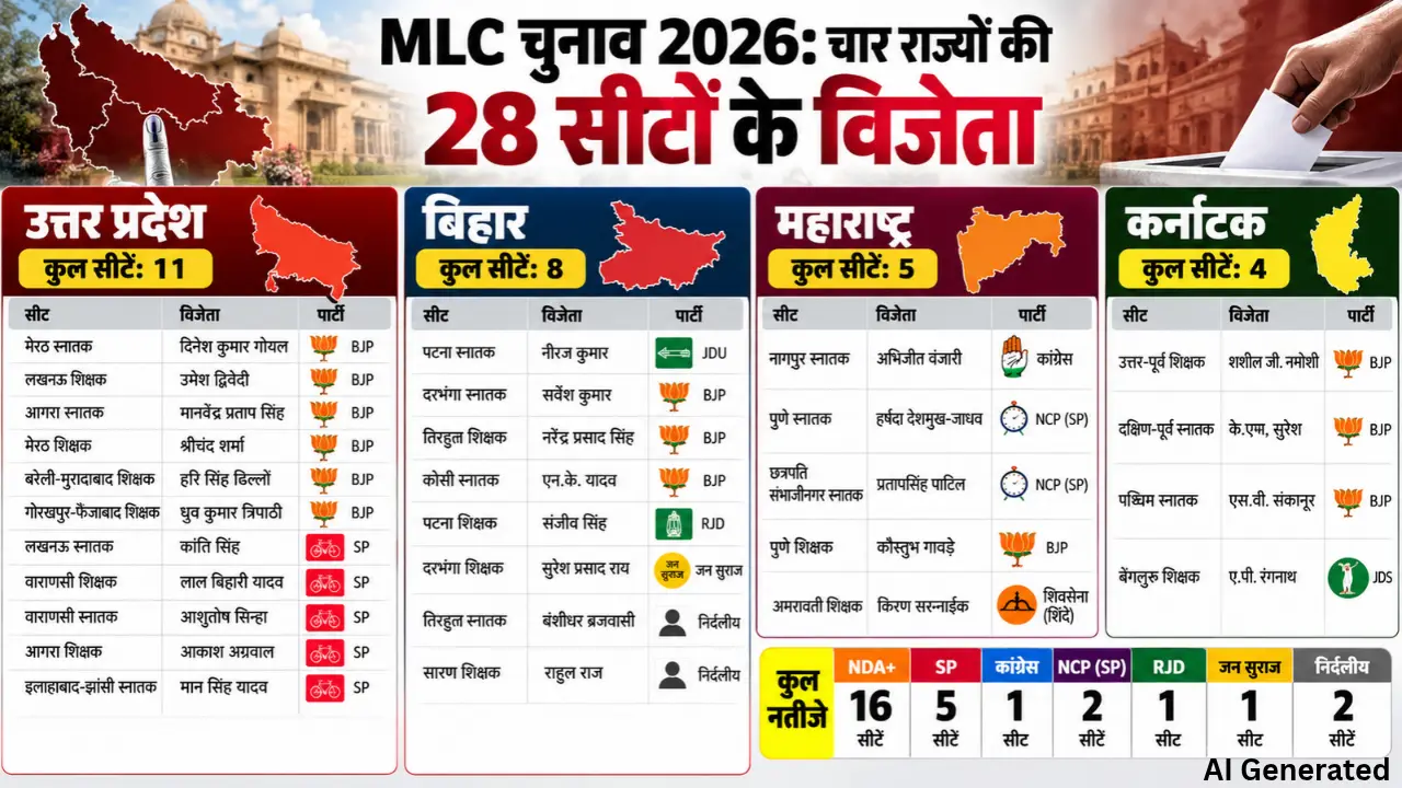 MLC चुनाव 2026: चार राज्यों की 28 सीटों के नतीजे, जानें किस पार्टी को कितनी जीत
