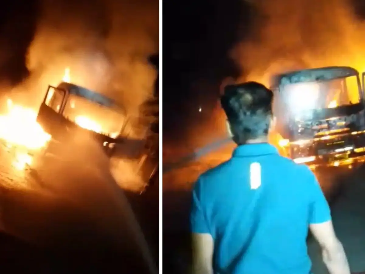 Beawar: मकरेडा गांव में चलते ट्रेलर में लगी आग, चालक ने केबिन से कूदकर बचाई जान