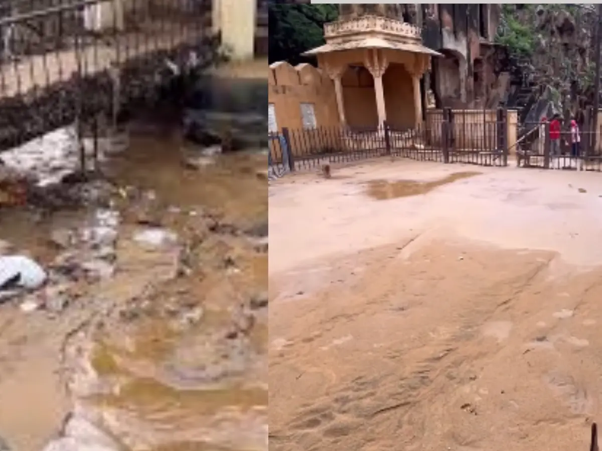 गलता जी में बाढ़ जैसे हालात, सीढ़ियों पर चल रहे झरने, मलबे से ढका मंदिर! गलता जी में बाढ़ जैसे हालात, सीढ़ियों पर चल रहे झरने, मलबे से ढका मंदिर!