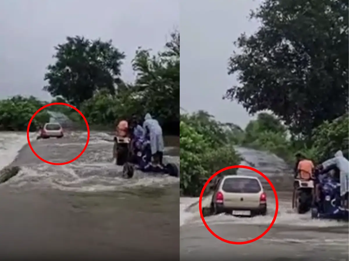 पुल पर तेज बहाव में बही बैंक मैनेजर की कार, ट्रैक्टर से निकाला गया बाहर पुल पर तेज बहाव में बही बैंक मैनेजर की कार, ट्रैक्टर से निकाला गया बाहर