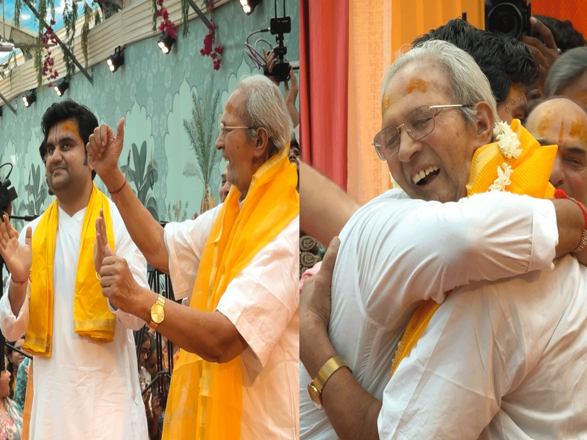 Indresh Upadhyay Wedding: इंद्रेश-शिप्रा के विवाह में पहुंचे अलबेली माधुरी शरण महाराज, दूल्हे राजा को लगाया गले