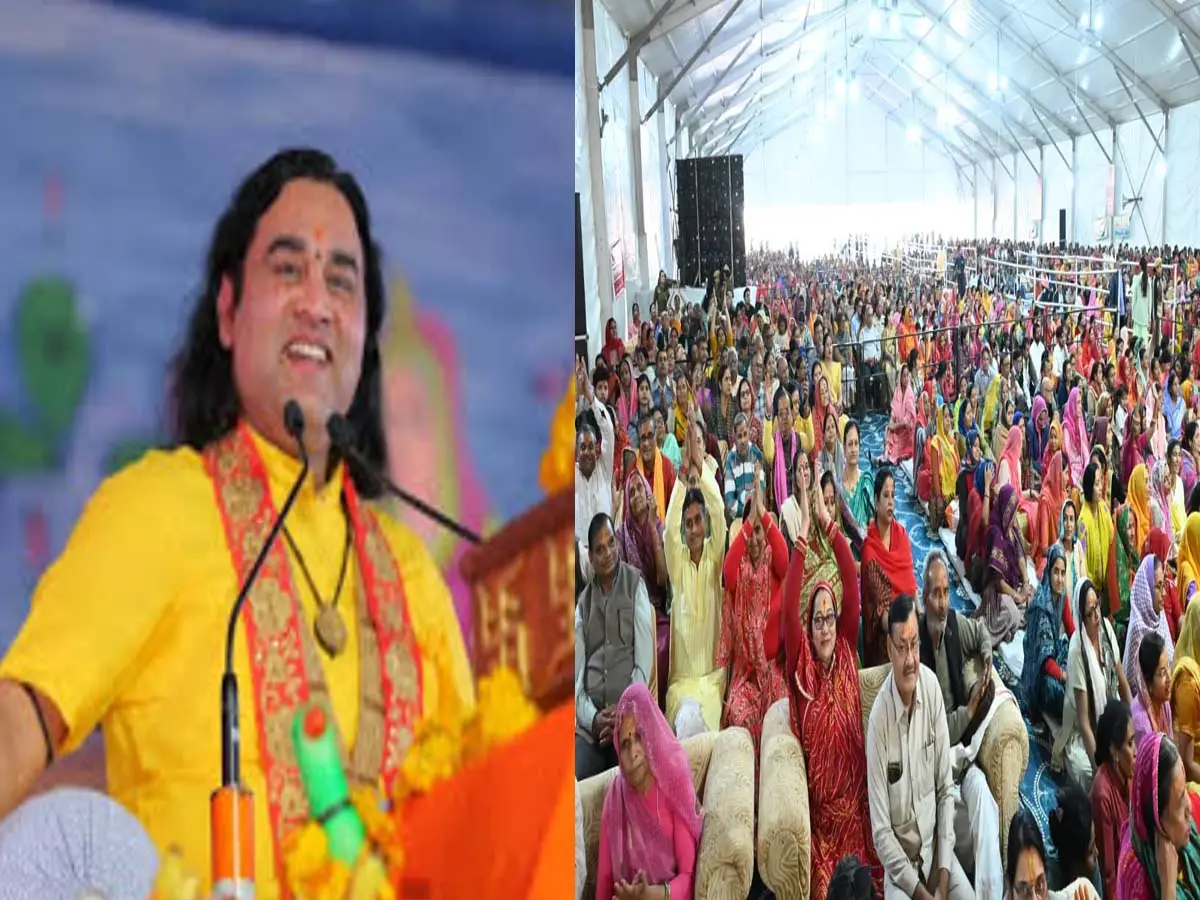 कथावाचक देवकीनंदन ठाकुर की भागवत कथा, माथे पर तिलक लगाने के बाद हुई पंडाल में एंट्री, कहा-बच्चे महाराणा प्रताप जैसे बने