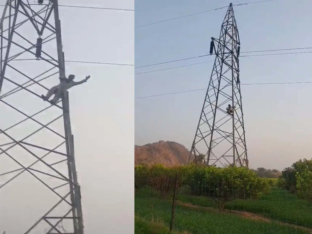 कोटपूतली में  हाईटेंशन लाइन के टावर पर चढ़ा युवक बोला- मेरा खेत पूरा कर दो