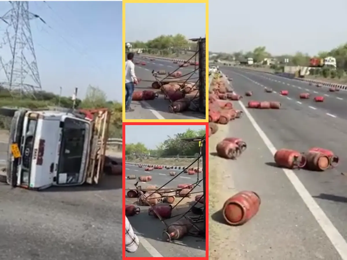 LPG किल्लत के बीच नेशनल हाईवे पर पलटा सिलेंडर से भरा ट्रक, डेढ़ सौ सिलेंडरों की यूनिट बिखरी